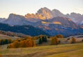 Amazing autumn scenery of Alpe di Siusi at sunrise, Dolomite Alps, Italy Royalty Free Stock Photo