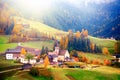 Colorful autumn scenery in Santa Maddalena village at sunrise. Dolomite Alps, South Tyrol, Italy. Royalty Free Stock Photo