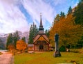 Amazing autumn scenery of small chapel at Lago di Braies Lake, Dolomite Alps, South Tyrol, Italy Royalty Free Stock Photo