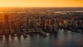 Amazing autumn sunset view from One World Trade Center sky scraper in New York to South Manhattan with great colors Royalty Free Stock Photo