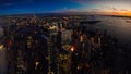 Amazing autumn sunset view from One World Trade Center sky scraper in New York to South Manhattan with great colors Royalty Free Stock Photo