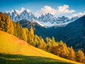 Amazing autumn view of Dolomite Alps, Italy, Europe. Calm morning scene of Santa Maddalena village hills in front of the Geisler o Royalty Free Stock Photo