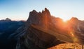 Amazing background. Outstanding landscape of the majestic Seceda dolomite mountains at daytime. Panoramic photo