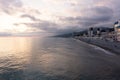 Amazing beach sunset over Black Sea. Lazarevskoye, Sochi, Russia