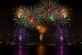 Amazing beautiful colorful fireworks display on celebration night, showing on the sea beach with multi color Royalty Free Stock Photo