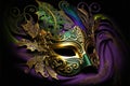 Amazing and beautiful golden carnival masks on black background. Fun time. Generative AI