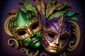 Amazing and beautiful golden carnival masks on black background. Fun time. Generative AI