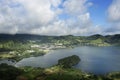 Amazing beautiful landscape Blue Lake Lagoa Azul in Sete Cidades of Sao Miguel island Azores