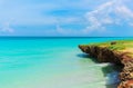 Amazing beautiful landscape view on tranquil turquoise ocean and cliff with blue cloudy sky background