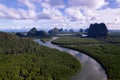 Amazing beautiful natural scenery of landscape view in Asia tropical mangrove forest mountains background, aerial view drone shot Royalty Free Stock Photo