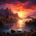 Amazing beautiful sunset with sea mountain Made With Generative AI illustration