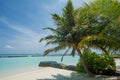 Amazing beautiful tropical beach landscape with ocean and palm trees at the tropical island Royalty Free Stock Photo