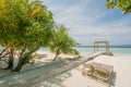 Amazing beautiful tropical beach landscape with ocean and palm trees, sunbeds at the tropical island Royalty Free Stock Photo