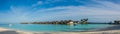 Amazing beautiful tropical beach panorama of water bungalos near the ocean with palm trees and white sand at Maldives