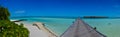 Amazing beautiful tropical beach panorama with water villas on the ocean at Maldives Royalty Free Stock Photo