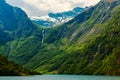 Amazing beautiful view of the NÃÂ¦rÃÂ¸yfjord in Norway Scandinavia with snow mountains and colorful fjord Royalty Free Stock Photo