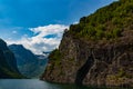 Amazing beautiful view of the NÃÂ¦rÃÂ¸yfjord in Norway Scandinavia with snow mountains and colorful fjord Royalty Free Stock Photo