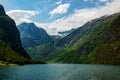 Amazing beautiful view of the NÃÂ¦rÃÂ¸yfjord in Norway Scandinavia with snow mountains and colorful fjord Royalty Free Stock Photo