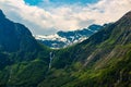 Amazing beautiful view of the NÃÂ¦rÃÂ¸yfjord in Norway Scandinavia with snow mountains and colorful fjord Royalty Free Stock Photo