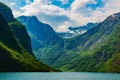 Amazing beautiful view of the NÃÂ¦rÃÂ¸yfjord in Norway Scandinavia with snow mountains and colorful fjord Royalty Free Stock Photo