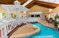 Amazing beautiful view of stylish interior hotel lobby with people in background