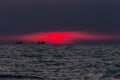 Amazing beautiful wide orange colorful sunset in Thailand Ko Lanta Island, Boat, burning sky, Beach, sun, sea, stones Royalty Free Stock Photo