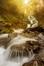 Amazing beauty of Alps mountains waterfall. Summer waterfall in Alps with soft sunlight at evening. Royalty Free Stock Photo