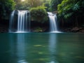 Amazing beauty of Asian nature. Tropical waterfall flows through dense jungle forest and falls into wild pond Royalty Free Stock Photo