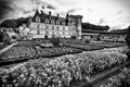 Amazing black and white photo of Villandry castle and its vegetable gardens