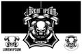 Amazing black and white skull with barbell or dumbbell vector logo template