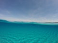 Amazing blue sea with white sand underwater in Sardinia, Stintino, seagulls, panorama background, ripple water surface with copy Royalty Free Stock Photo