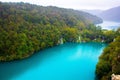 Amazing breathtaking landscape in Plitvice National Park, Croatia. Lakes and waterfalls in forest. Crystal clear azure blue water Royalty Free Stock Photo