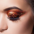 Amazing Bright eye makeup with a arrow with rhinestones. Brown and gold tones, colored eyeshadow Royalty Free Stock Photo
