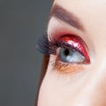 Amazing Bright eye makeup in luxurious red arrow. Red and gold shining tones, eye shadow.