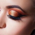 Amazing Bright eye makeup with a spectacular arrow. Brown and gold tones, colored eyeshadow Royalty Free Stock Photo