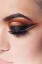 Amazing Bright eye makeup with a wide arrow. Brown and gold tones, colored eyeshadow Royalty Free Stock Photo