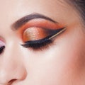 Amazing Bright eye makeup with a wide arrow. Brown and gold tones, colored eyeshadow. Royalty Free Stock Photo