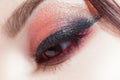 Amazing Bright eye makeup with a wide arrow. Brown and red tones, colored eyeshadow. Royalty Free Stock Photo