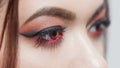 Amazing Bright eye makeup with a wide arrow. Brown and red tones, colored eyeshadow. Royalty Free Stock Photo