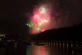 Amazing bright golden and purple firework celebration of the new year 2015 in Prague with the historic city in the background Royalty Free Stock Photo