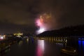 Amazing bright golden and purple firework celebration of the new year 2015 in Prague with the historic city in the background Royalty Free Stock Photo