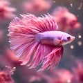 amazing bright pink Bette fish male posing against another pink betta fishes in nice light. close up. Ai generated