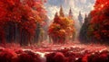 Amazing bright red autumn landscape, idyllic and peaceful beautiful nature scenery. Digital art.