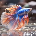 amazing bright violet Bette fish male with peach fuzz fins posing against bokeh light background. close up. Ai generateda