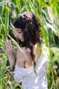 Amazing brunette lady with long curly hair, among corn field