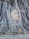 Buddha`s head entwined in banyan tree roots. Royalty Free Stock Photo