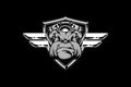 Amazing buldog biker with engine motorcycle wing and shield vector badge logo template