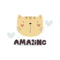 amazing. cartoon cat, hand drawing lettering. colorful vector flat style illustration for kids.