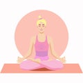 Amazing cartoon girl in yoga lotus pose . Pink background Practicing yoga. Vector illustration. Young and happy woman meditates.