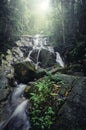 Amazing cascading tropical waterfall. wet and mossy rock, surrounded by green rain forest Royalty Free Stock Photo